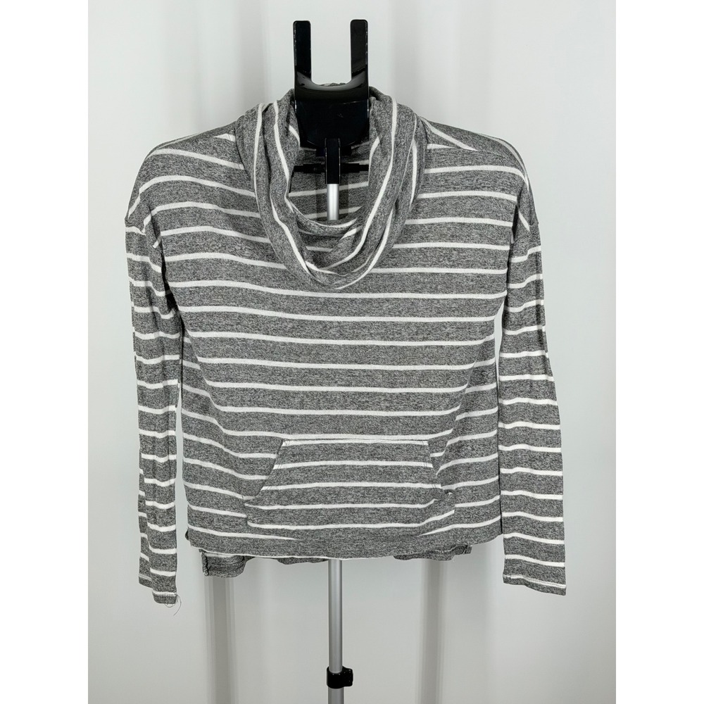 City Streets Women Gray White Striped Cowl Neck Pullover Kangaroo Pocket Small